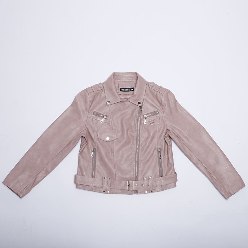 THEME 21 Women New Fashion Pu Leather Jacket Zipper Button Motorcycle Coat Short Faux Leather Belt Soft Casual Jacket Female
